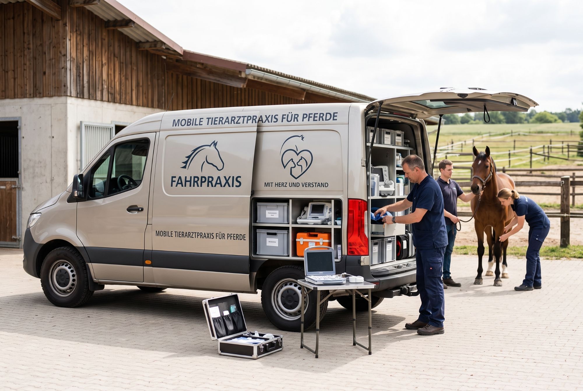Tierärztliches Team einer Fahrpraxis mit Pferd am ausgestatteten Praxisfahrzeug auf einem Hof