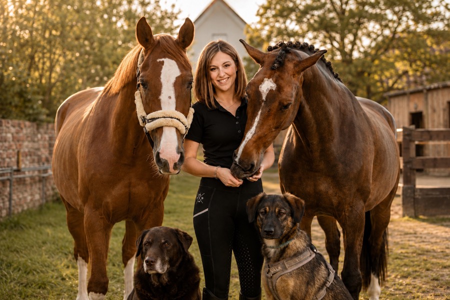 Selina Knoop mit zwei Pferden und zwei Hunden